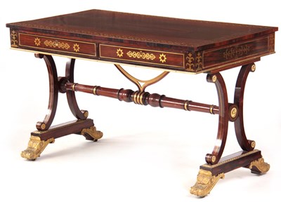 Lot 908 - A FINE REGENCY BRASS INLAID LIBRARY TABLE IN...