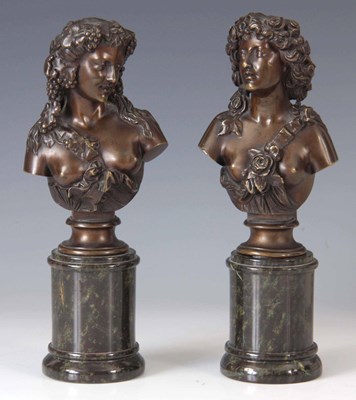 Lot 409 - A PAIR OF PATINATED BRONZE BUSTS OF BACCHANTE...