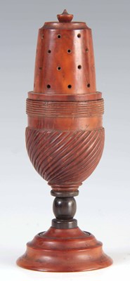 Lot 593 - A 19TH CENTURY TURNED COQUILLA NUT MUFFINEER/...