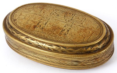 Lot 540 - AN 18th CENTURY DUTCH BRASS ENGRAVED TOBACCO...