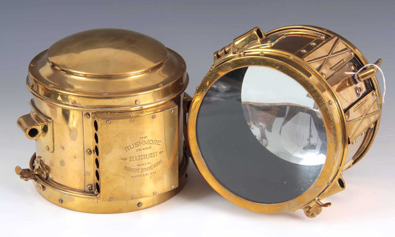 Lot 294 - A LARGE PAIR OF BRASS 'SEARCHLIGHT' HEADLAMPS...