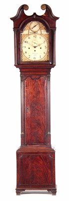 Lot 571 - A GEORGE III FIGURED MAHOGANY MUSICAL LONGCASE...