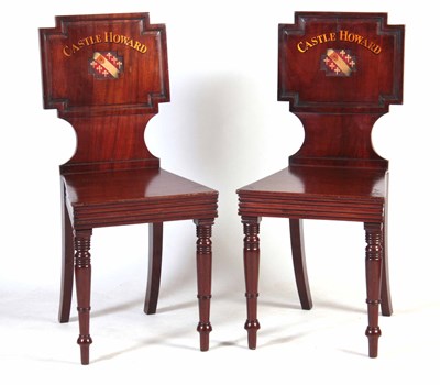 Lot 680 - A PAIR OF LATE GEORGIAN MAHOGANY HALL CHAIRS...