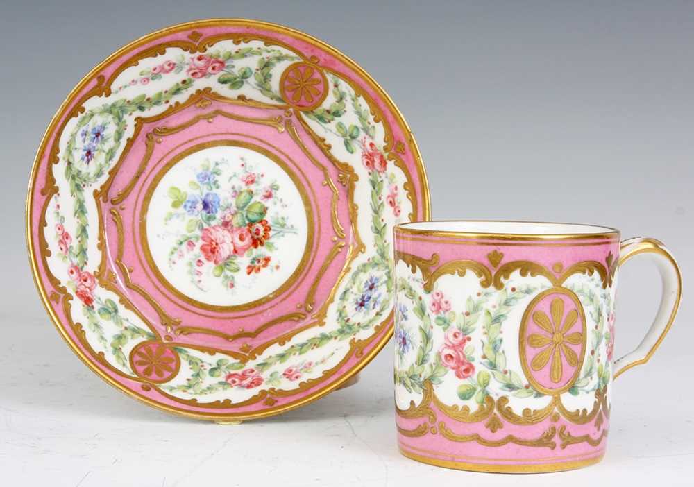 Lot 93 - AN 18TH CENTURY PINK GROUND SEVRES CABINET CUP...
