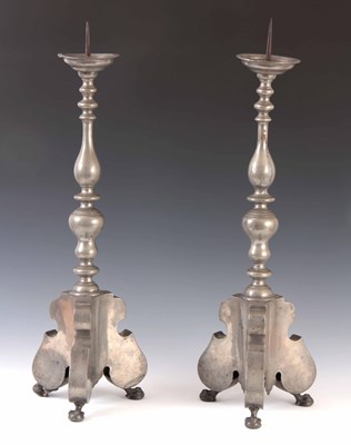 Lot 265 - A LARGE PAIR OF 19th CENTURY PEWTER PRICKET...