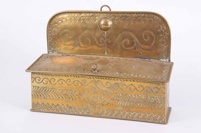 Lot 267 - AN 18TH CENTURY WALL HANGING BRASS CANDLE BOX...