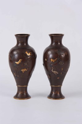 Lot 114 - A PAIR OF MEIJI PERIOD JAPANESE BRONZE INLAID...