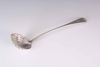 Lot 144 - A GEORGE III SILVER SOUP LADLE with shell...