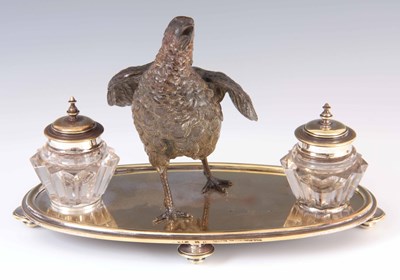 Lot 379 - A LATE 19TH CENTURY NICKEL INKSTAND MOUNTED...