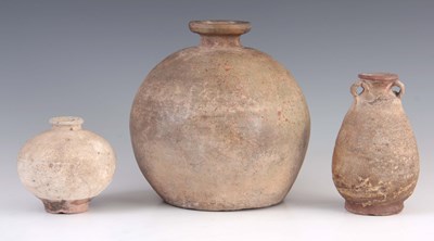 Lot 170 - THREE ANTIQUE CHINESE UNGLAZED STONEWARE VASES...