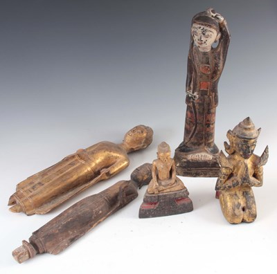 Lot 175 - FIVE ANTIQUE CARVED WOOD BUDDHAS