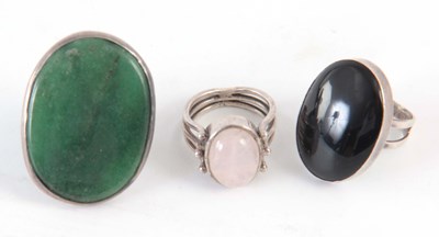 Lot 249 - THREE SILVER JET AND JADE RINGS