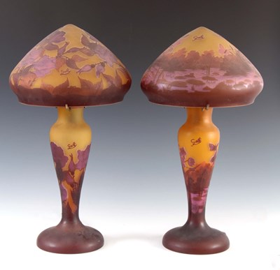 Lot 32 - A PAIR OF SHADED MAUVE AND YELLOW GLASS GALLE...