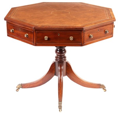 Lot 890 - A GEORGE III MAHOGANY OCTAGONAL DRUM TABLE...