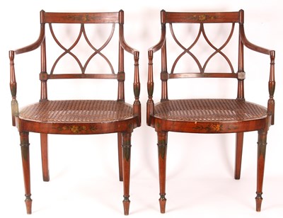 Lot 972 - A PAIR OF 19TH CENTURY SHERATON STYLE PAINTED...