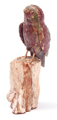 Lot 365 - A CARVED AGATE MODEL ON AN OWL with glass eyes...