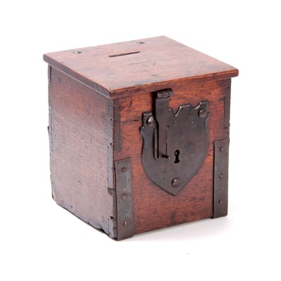 Lot 617 - A 17TH CENTURY OAK AND IRONWORK MONEY BOX OF...