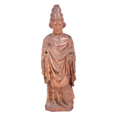 Lot 618 - AN EARLY CONTINENTAL CARVED FRUITWOOD STANDING...