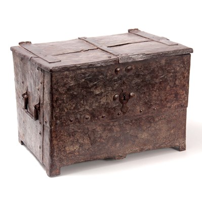 Lot 631 - A 16TH CENTURY STUDDED IRONWORK STRONG BOX...