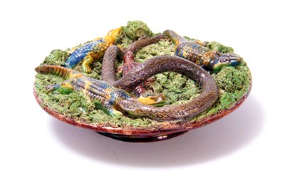 Lot 42 - A 19TH CENTURY PALISSY TYPE MAJOLICA DISH...