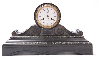 Lot 590 - A LATE 19TH CENTURY BLACK SLATE MANTEL CLOCK...