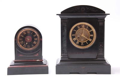 Lot 591 - TWO 19TH CENTURY BLACK SLATE MANTEL CLOCKS...